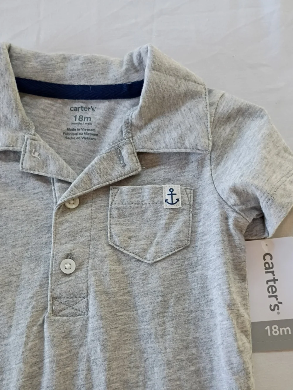 NWT Carter's Heather Gray Polo-Style Baby Bodysuit with Anchor Patch Sz 18 Month